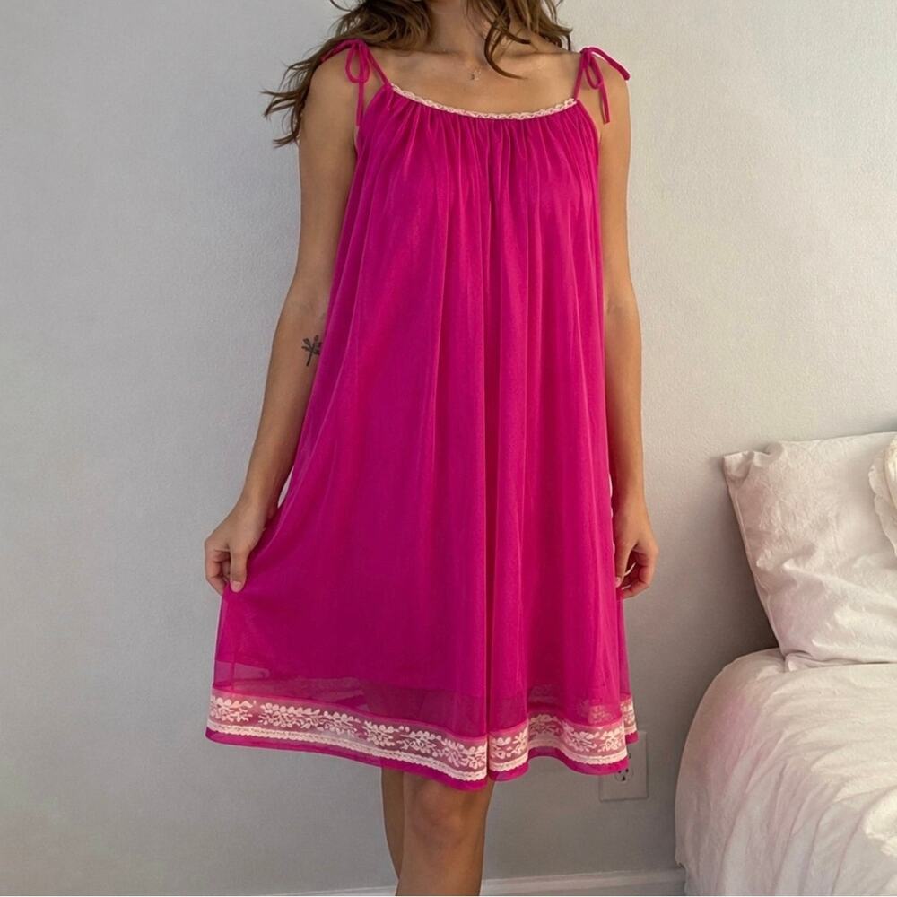 Vintage 1960s Hot Pink Sheer Nylon Babydoll Nightgown Lace Trim USA Medium
